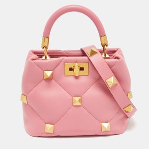 Valentino Roman Stud  Small Pink Quilted Leather Top Handle Bag, Satchels - Luxury Closet