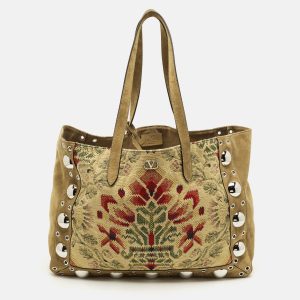 Valentino Embroidered Nellc&ocirc;te Olive Green Fabric and Suede Tote, Tote Handbags - Luxury Closet
