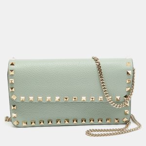 Valentino Rockstud Light Green Leather Wallet On Chain, Wallets & Money Clips - Luxury Closet