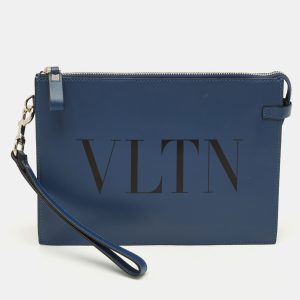 Valentino VLTN Navy Blue Leather Wristlet Zip Pouch, Clutches & Special Occasion Bags - Luxury Closet