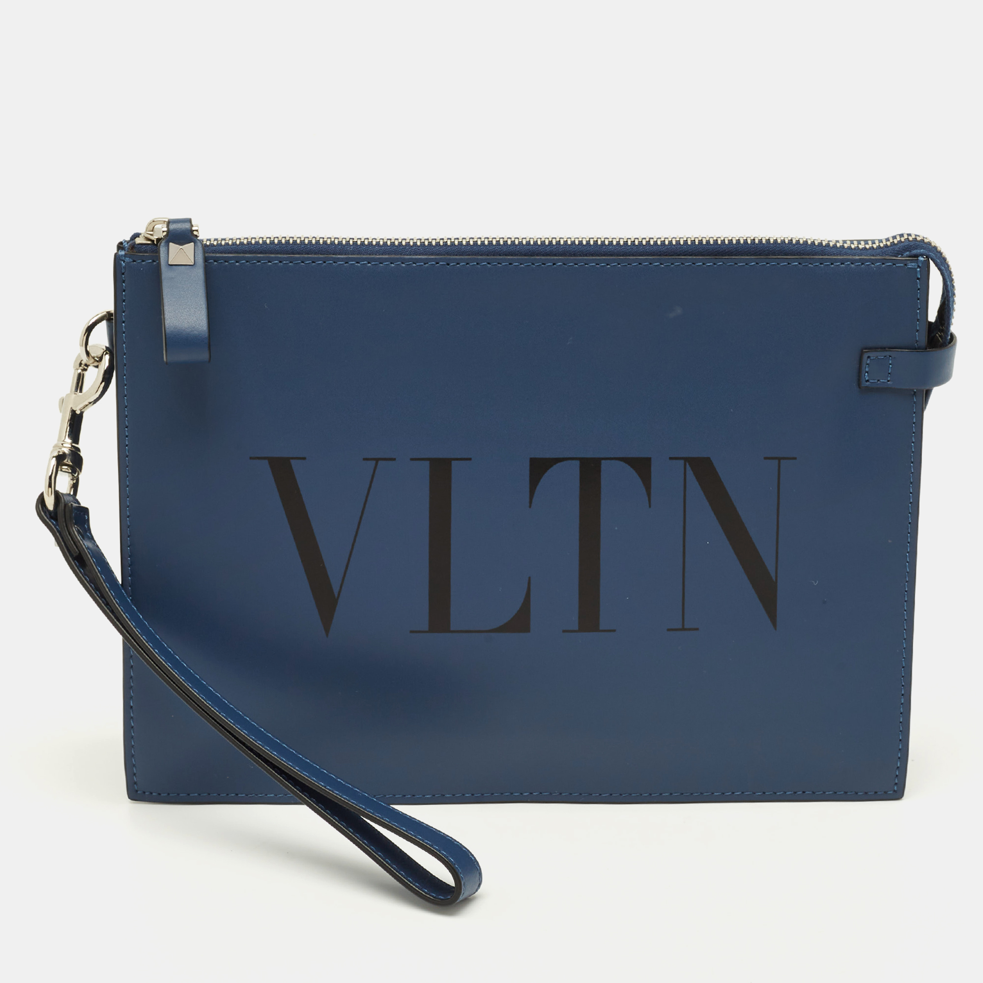 Valentino VLTN Navy Blue Leather Wristlet Zip Pouch, Clutches & Special Occasion Bags - Luxury Closet