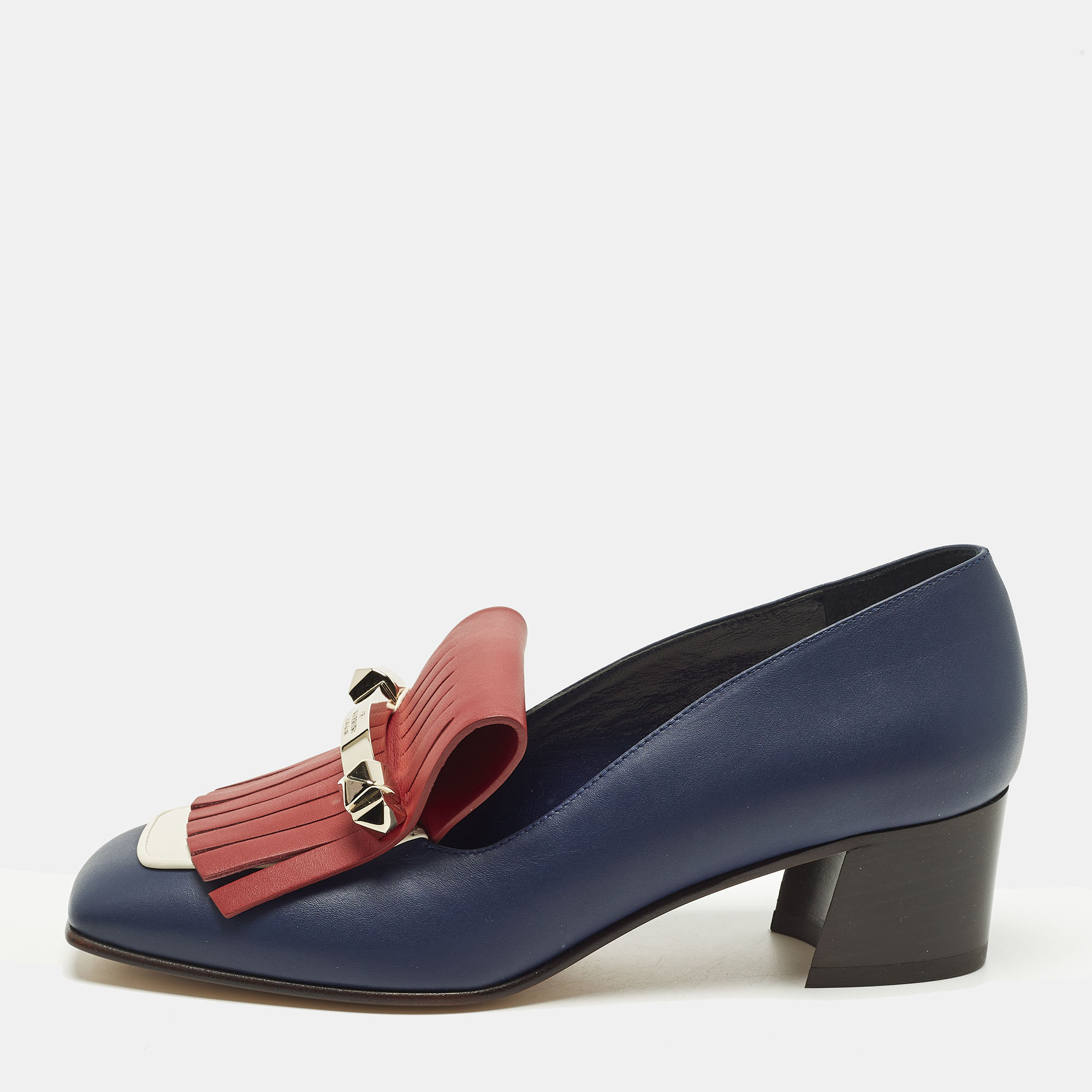 Valentino Rockstud Size 37 Blue/Red Leather Block Heel Loafer Pumps, Pumps - Luxury Closet