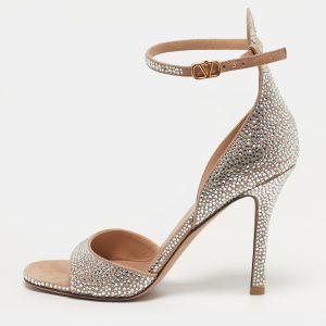 Valentino Tan-Go Size 37 Silver Suede Crystal Embellished Ankle Strap Sandals, Sandals - Luxury Closet