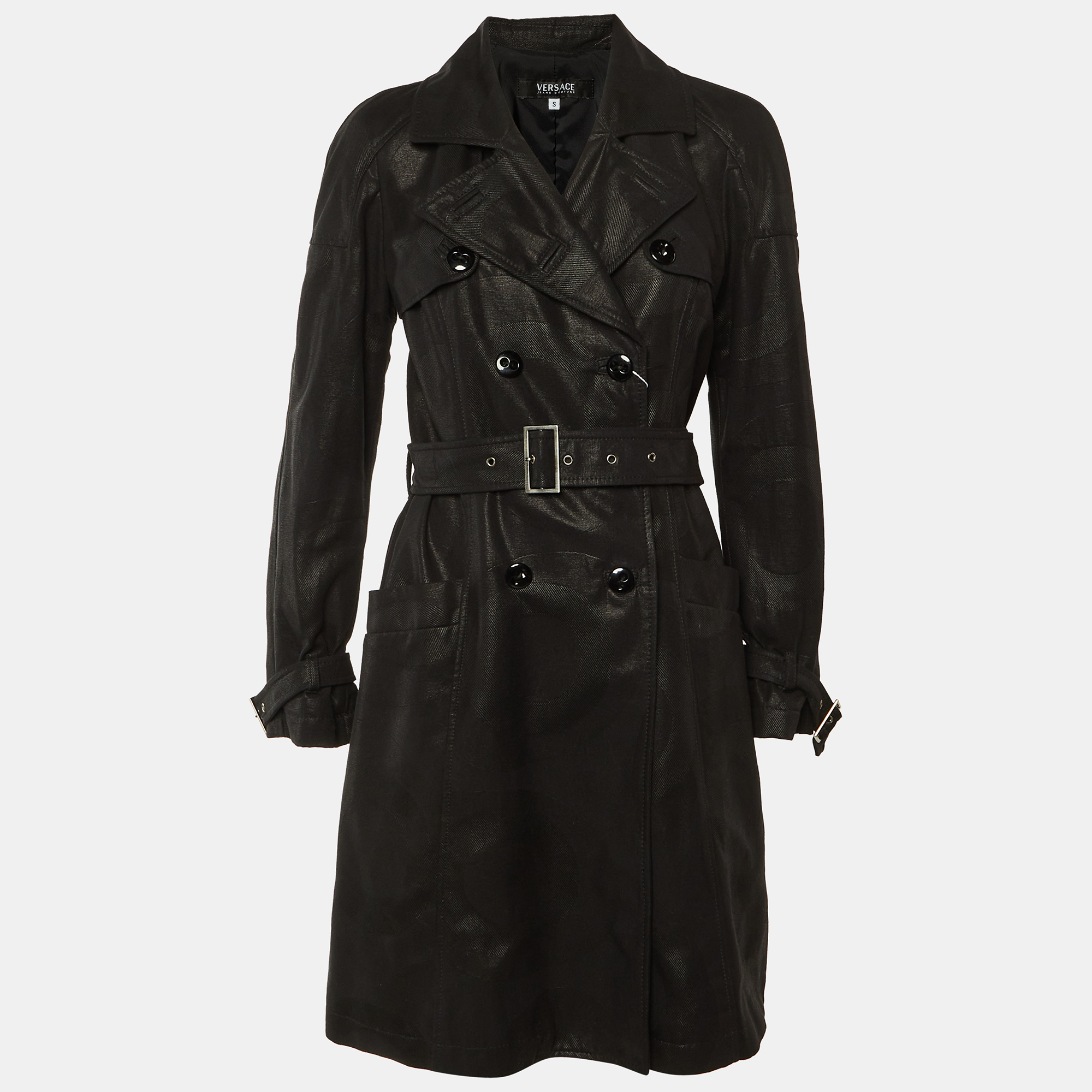 Versace Black Patterned Cotton Trench Coat S, Coats & Jackets - Luxury Closet