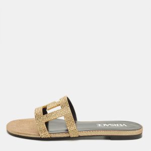 Versace Greca Crystals Size 35 Gold/Black Suede Slide Flats, Flats - Luxury Closet