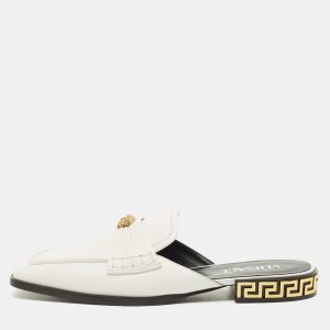 Versace La Medusa Size 37 White Leather Square Toe Flat Mules, Sandals - Luxury Closet