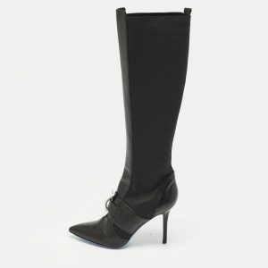 Versace Size 38 Black Leather and Stretch Fabric Knee Length Boots, Boots - Luxury Closet
