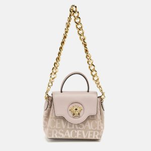 Versace Lilac Jacquard Canvas and Leather Small La Medusa Top Handle Bag, Satchels - Luxury Closet