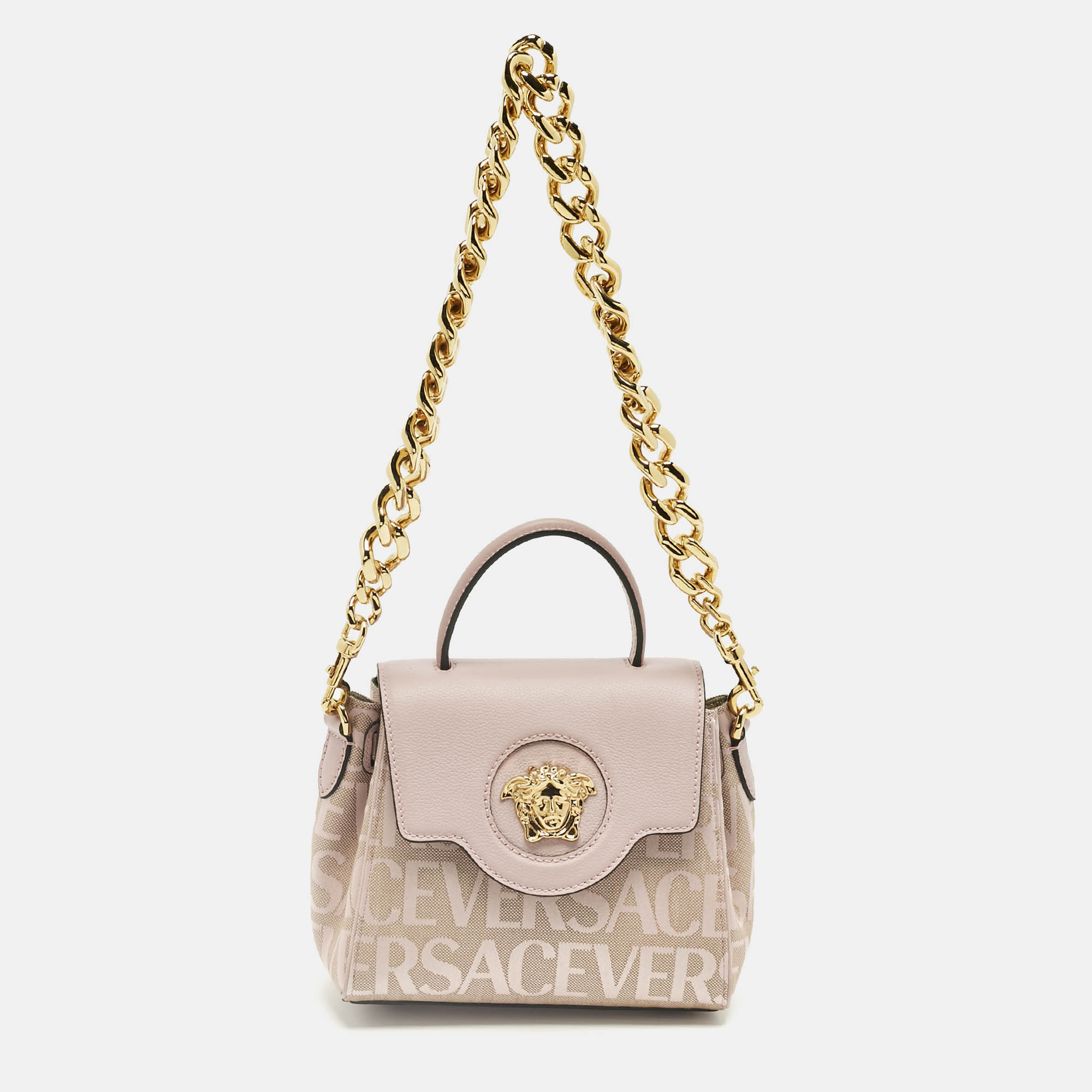 Versace Lilac Jacquard Canvas and Leather Small La Medusa Top Handle Bag, Satchels - Luxury Closet