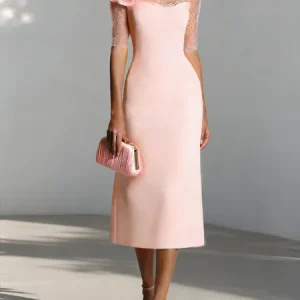 Elegant Plain 3D Floral  Knee Length Dress, Cocktail Dresses, color:Pink|size:XXL, Stylewe