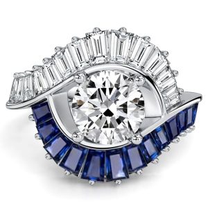unique engagement rings - Italo Baguette Halo White & Blue Sapphire Unique Engagement Ring For Women, Italo jewelry - Online Catalog