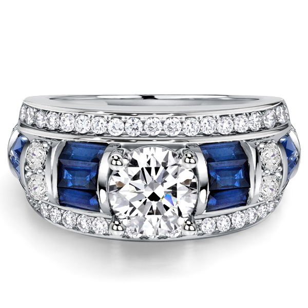 unique engagement rings - Italo Baguette & Round Blue & White Sapphire Engagement Ring For Women, Italo jewelry - Online Catalog