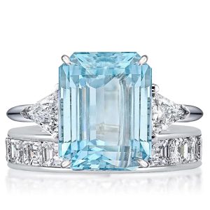 bridal sets - Italo Emerald Cut Aquamarine Three Stone Engagement Ring Sets For Women, Italo jewelry - Online Catalog
