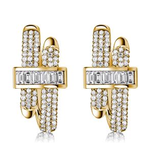 earrings - Italo Golden Micro Pave Round & Baguette Cut Unique Hoop Earrings For Women, Italo jewelry - Online Catalog