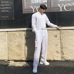 Men's Jumpsuit Spring And Autumn New Korean Fashion Youth Simple Pure Color Hair Stylist Casual Loose Large Size Jumpsuit - AliExpress Pants