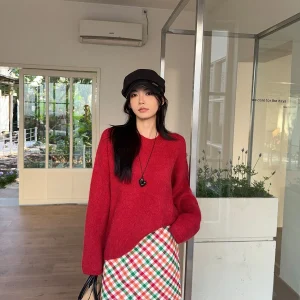 Red round Ne Sweater UVPU Casual Loose Fit Long Sve Knitted Women's Top Winter Collection Comfortable Knitwear - AliExpress Sweaters&Jumpers