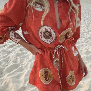 Women Retro Printed Red Jumpsuit Turn-down Collar Elastic Waist Long Sleeve Casual Female Rompers - AliExpress Jumpsuits&Rompers
