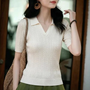 Chivirin Silk V-neck Knitwear Women's Short-sleeved Slim-fit Versatile Summer Top Elegant Casual Midweight  Color - AliExpress Sweaters&Jumpers