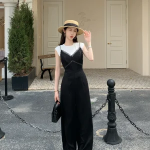 Ele High-Waist One-Piece Pants Women's Summer Faionable Ruffle Strap Long Pants Comfortable Commute Straight Leg Trousers - AliExpress Jumpsuits&Rompers