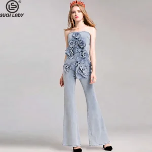 Women's Light Blue 3D Floral Appliques Strapless Jumpsuit, High Waist Flare Leg Denim Playsuit, Elegant Summer Party Outfit - AliExpress Jumpsuits&Rompers