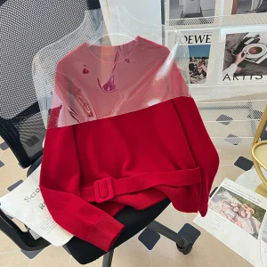 Women's round Ne Pullover Sweater 00% Wool Belt Design Slimming Red Color Small Size Top Sweet Sle Loose Fit Warmth - AliExpress Sweaters&Jumpers