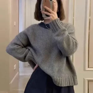 Retro grey 100% sweater women's contrast round neck thickened loose lazy wind sweater temperament bottoming shirt in winter - AliExpress Sweaters&Jumpers