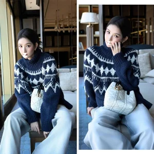 Wang Yuwen k Blue High Collar Fair Isle Knitwear Women's Autumn Winter New Lazy Sle Personali Sweater Casual Loose Fit - AliExpress Sweaters&Jumpers