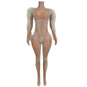 Sexy Feathers Pearls Party Jumpsuits Women Club Festival Clothing Stage Performance Rompers Dancer Leotard One Piece Bodysuit - AliExpress Jumpsuits&Rompers