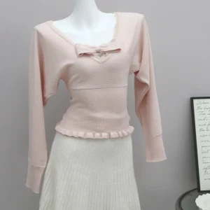 Sweet  Knot Woolen Sweater Waist-Cinching Pink Knitted Top for Women V-Ne Long Sve Winter Faion Ladies Knitwear - AliExpress Sweaters&Jumpers