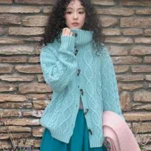 Blue Woolen Knitted Open Cardigan for Women Chem Girl Brand Loose Fit Winter Top with Turn-down Collar And Twist Flower Design - AliExpress Sweaters&Jumpers
