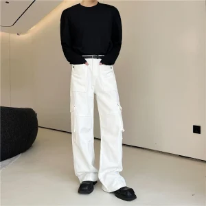 American Sle Loose Straight Leg Men's Work Trousers White High Street Multi ket Casual Floor-Length Pants - AliExpress Pants