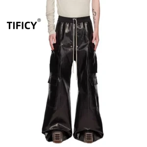 High Street Dark RO Style Pants Matte Coated Elastic Waistband Loose and Wide Leg Floor Mopping Multi Pocket Work Pants - AliExpress Pants