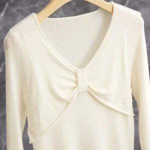 Ele White Knitted Sweater with Knot And Slimming Design Premium Wool Blend V-Ne Long Sve Faionable Commu... - AliExpress Sweaters&Jumpers