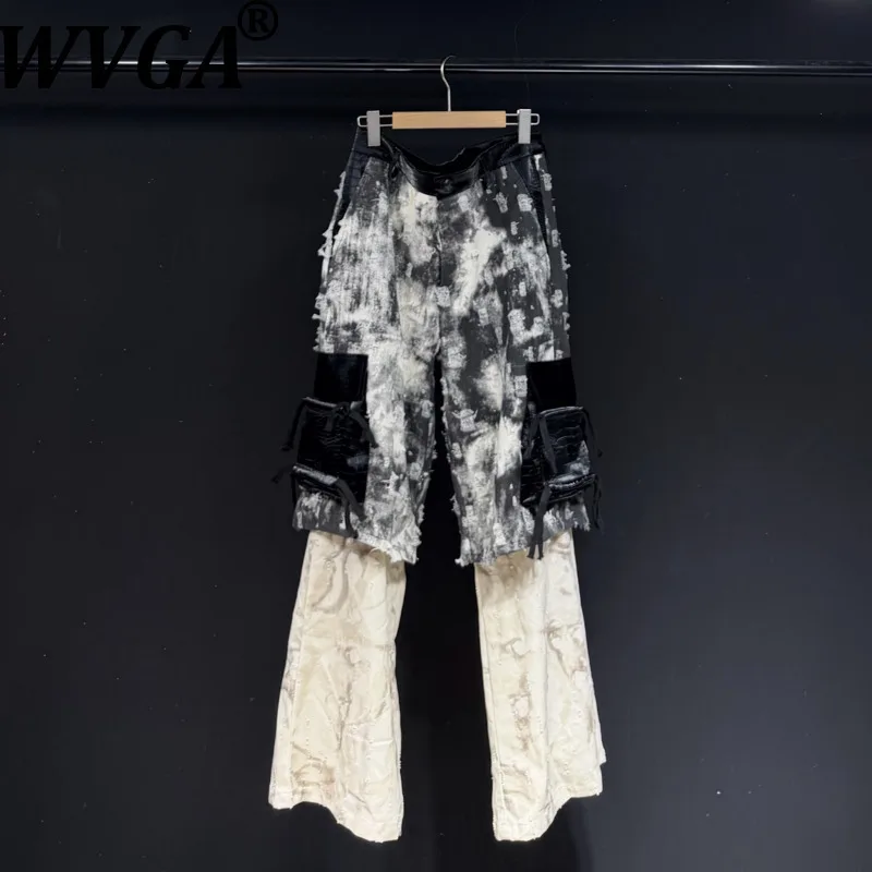 WVGA Autumn Winter New Men's High Street Tie-Dye Jeans Fake Two-Piece Trendy Pockets Niche Chic Casual Straight Pants Ins W13375 - AliExpress Pants