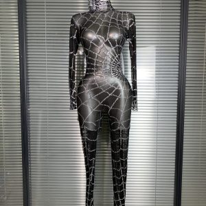Summer New 2025 Women Sexy Crystal Sheer Black Long Sleeve Bodycon Jumpsuit Celebrity Designer Dancer Night Club Rompers - AliExpress Jumpsuits&Rompers
