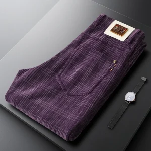 Plaid Corduroy Pants Men's Slim Straight Leg Thi Autumn Winter Patterned Casual Trousers Faionable Youth Sle - AliExpress Pants