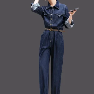 Ele Workwear Sle Women's Spring Autumn Denim Overalls Slimming Waist High Waist Cotton Blend Pants Long Sves - AliExpress Jumpsuits&Rompers