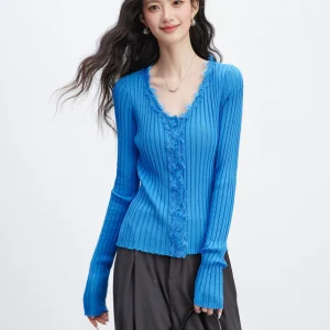 Sweet Cool V-ne Knitted Sweater Women's Slim Fit Spring New Sle Lace  Stri French Sle Soft Knitted Top - AliExpress Sweaters&Jumpers
