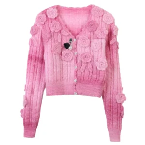 Mohai sweater 2025 autumn and winter new women's three-dimensional flower V-neck long-sleeved slim short sweet knitted cardigan - AliExpress Sweaters&Jumpers