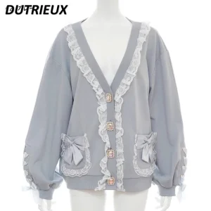Japanese Style Sweet and Cute Lace V-neck Long Sleeve Sweater Coat Mid-Length Bow Belt-Loop Knitted Cardigan for Women Spring - AliExpress Sweaters&Jumpers