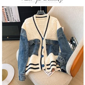 Women's Apricot V-Neck Denim Spliced ​​Knitted Cardigan 2000s Y2k Hip-Hop American Vintage Loose Casual Knitted Denim Jacket - AliExpress Sweaters&Jumpers