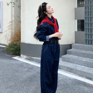 High Waist Long Sve Overall Pants Women's Deep Blue Straight Leg Slimming Versatile Workwear Long Trousers Spring 2026 - AliExpress Jumpsuits&Rompers