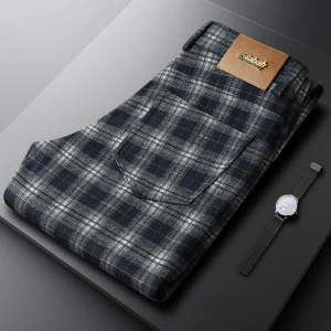Ele Blue Plaid Men's Slim Straight Casual Pants Spring Commute Busin Polyester Fiber Elastic Straight Tube Trousers - AliExpress Pants