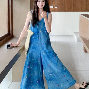 Korean Sle Beach Vaion One-Piece Pants Women's Faion Summer 2026 New Super Beautiful Floral Wide Leg Pants - AliExpress Jumpsuits&Rompers