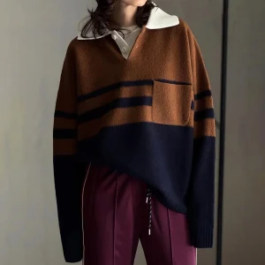 Retro College Sle Loose Knitted Sweater Collar Color Blo Striped Design Casual Comfortable Long Sve Women's Top - AliExpress Sweaters&Jumpers
