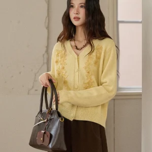 MISHOW Knit Cardigan for Woman 2025 Winter French Style Embroidered Yellow V-neck Cardigan Warm Fashion Commute Top MXE89Z2635 - AliExpress Sweaters&Jumpers