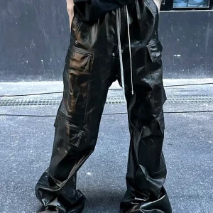 Spring Autumn Cool Black Shiny Reflective Pu Leather Wide Leg Pants for Men Drawstring Waist Mens Designer Clothes - AliExpress Pants