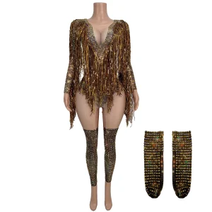 Liujinyicai Elegant Women Prom Gowns Shiny Gold Rhinestone Sequins Tassel High Stretch Jumpsuit Bar Stage Performance Dress - AliExpress Jumpsuits&Rompers