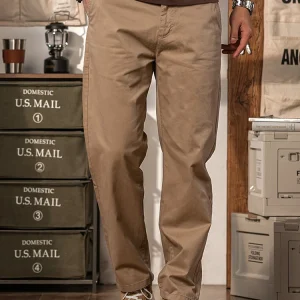 Khaki Straight Leg Casual Pants Men's Pure Cotton Wear Resistant Long Trousers American Retro Summer Workwear Trousers - AliExpress Pants