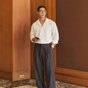 Deep Grey Men's Straight Leg Casual Pants Double Pleat Loose Fit Versatile High Waist Wide Leg Long Trousers Spring Autumn - AliExpress Pants